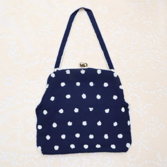 Vintage Beaded Evening Bag: Navy Blue Floral Handbag, Rhinestone Clasp - Picture 4 of 11